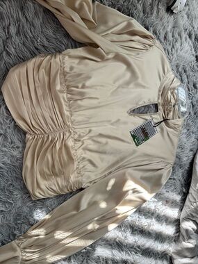 Beige Satin Ruched Long Sleeve Top